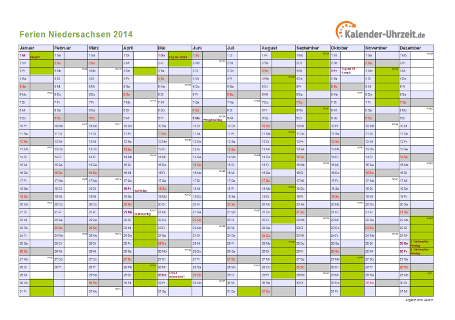 Ferienkalender 2014 für Niedersachsen - A4 quer-einseitig