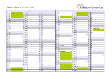 Ferienkalender 2014 für Niedersachsen - A4 quer-zweiseitig
