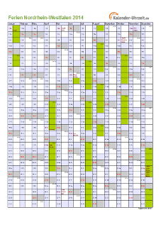 Ferien 2014 Nordrhein-Westfalen im Kalender - A4 hoch-einseitig Ferienkalender 2014 für Nordrhein-Westfalen - A4 hoch-einseitig