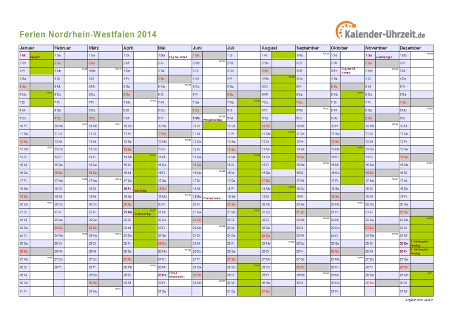Ferien 2014 Nordrhein-Westfalen im Kalender - A4 quer-einseitig Ferienkalender 2014 für Nordrhein-Westfalen - A4 quer-einseitig