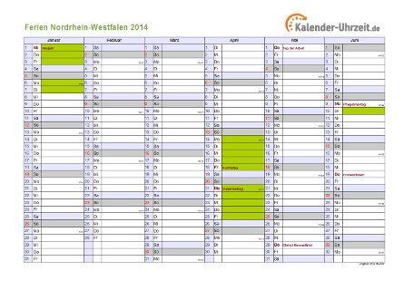 Ferienkalender 2014 für Nordrhein-Westfalen - A4 quer-zweiseitig