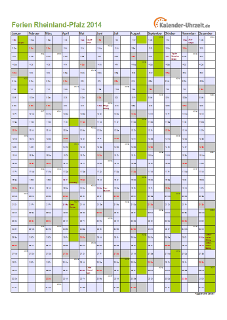 Ferien 2014 Rheinland-Pfalz im Kalender - A4 hoch-einseitig Ferienkalender 2014 für Rheinland-Pfalz - A4 hoch-einseitig