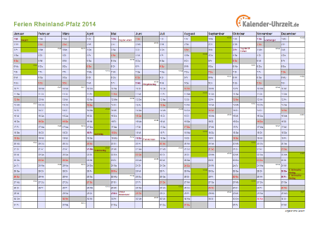 Ferien 2014 Rheinland-Pfalz im Kalender - A4 quer-einseitig Ferienkalender 2014 für Rheinland-Pfalz - A4 quer-einseitig