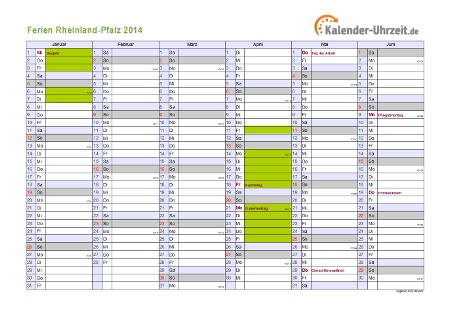 Ferienkalender 2014 für Rheinland-Pfalz - A4 quer-zweiseitig