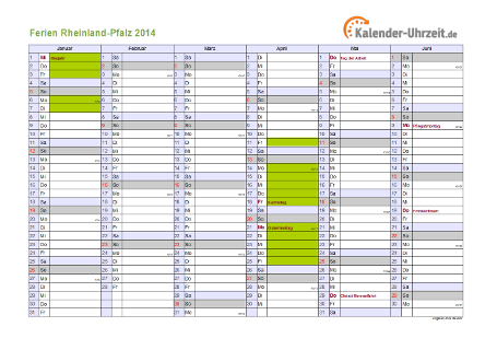 Ferien 2014 Rheinland-Pfalz im Kalender - A4 quer-zweiseitig Ferienkalender 2014 für Rheinland-Pfalz - A4 quer-zweiseitig