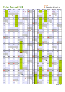 Ferien 2014 Saarland im Kalender - A4 hoch-einseitig Ferienkalender 2014 für Saarland - A4 hoch-einseitig