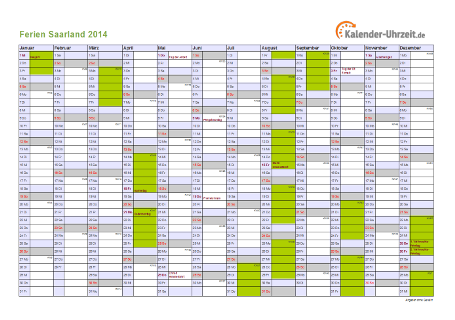 Ferienkalender 2014 für Saarland - A4 quer-einseitig