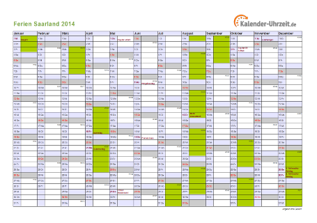 Ferien 2014 Saarland im Kalender - A4 quer-einseitig Ferienkalender 2014 für Saarland - A4 quer-einseitig