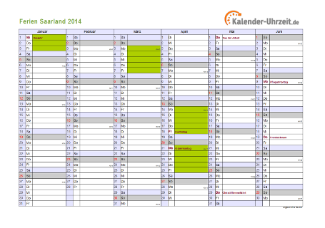 Ferienkalender 2014 für Saarland - A4 quer-zweiseitig