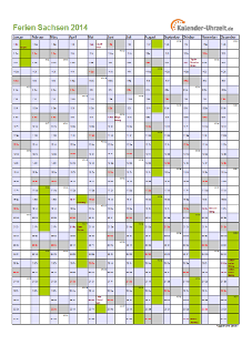 Ferien 2014 Sachsen im Kalender - A4 hoch-einseitig Ferienkalender 2014 für Sachsen - A4 hoch-einseitig