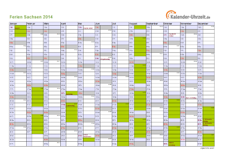Ferien 2014 Sachsen im Kalender - A4 quer-einseitig Ferienkalender 2014 für Sachsen - A4 quer-einseitig