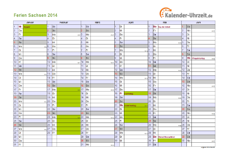 Ferienkalender 2014 für Sachsen - A4 quer-zweiseitig