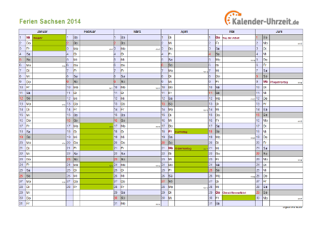 Ferien 2014 Sachsen im Kalender - A4 quer-zweiseitig Ferienkalender 2014 für Sachsen - A4 quer-zweiseitig