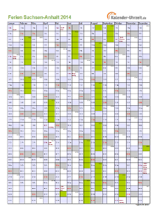 Ferienkalender 2014 für Sachsen-Anhalt - A4 hoch-einseitig