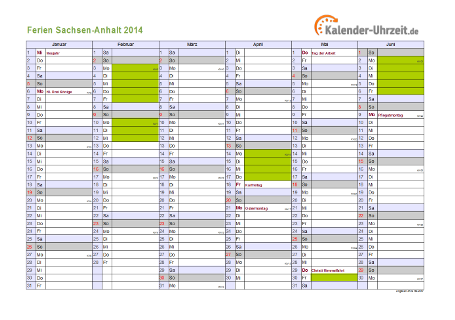 Ferienkalender 2014 für Sachsen-Anhalt - A4 quer-zweiseitig