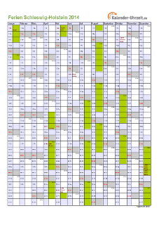 Ferien 2014 Schleswig-Holstein im Kalender - A4 hoch-einseitig Ferienkalender 2014 für Schleswig-Holstein - A4 hoch-einseitig