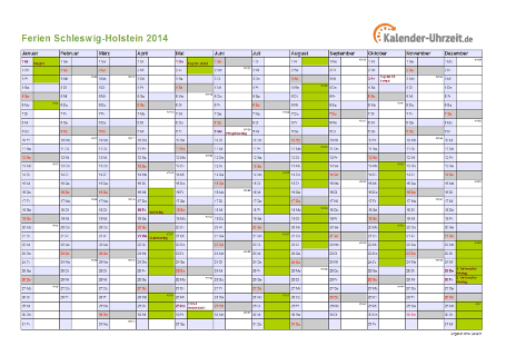 Ferien 2014 Schleswig-Holstein im Kalender - A4 quer-einseitig Ferienkalender 2014 für Schleswig-Holstein - A4 quer-einseitig