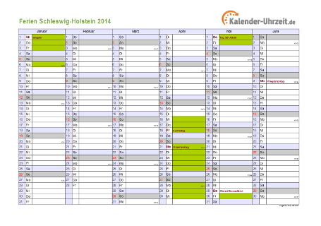 Ferien 2014 Schleswig-Holstein im Kalender - A4 quer-zweiseitig Ferienkalender 2014 für Schleswig-Holstein - A4 quer-zweiseitig