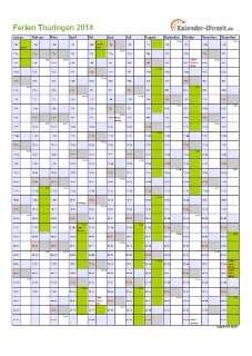 Ferien 2014 Thüringen im Kalender - A4 hoch-einseitig Ferienkalender 2014 für Thüringen - A4 hoch-einseitig