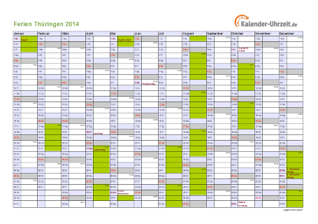 Ferien 2014 Thüringen im Kalender - A4 quer-einseitig Ferienkalender 2014 für Thüringen - A4 quer-einseitig