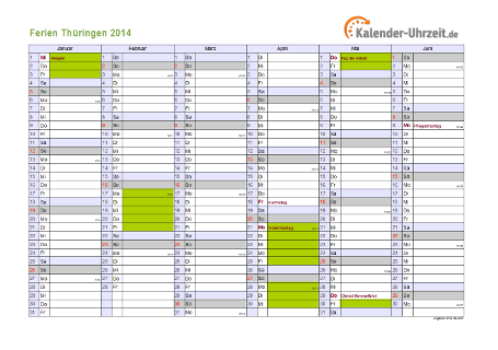 Ferien 2014 Thüringen im Kalender - A4 quer-zweiseitig Ferienkalender 2014 für Thüringen - A4 quer-zweiseitig