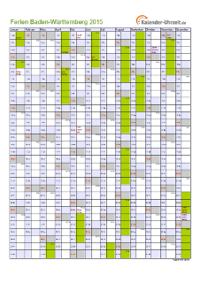 Ferien 2015 Baden-Württemberg im Kalender - A4 hoch-einseitig Ferienkalender 2015 für Baden-Württemberg - A4 hoch-einseitig