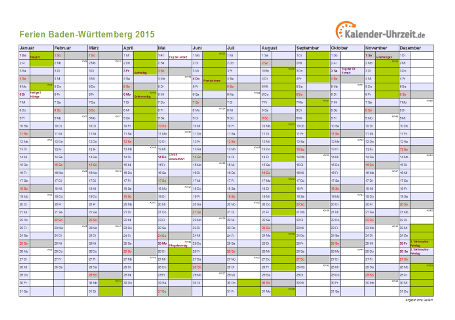 Ferienkalender 2015 für Baden-Württemberg - A4 quer-einseitig