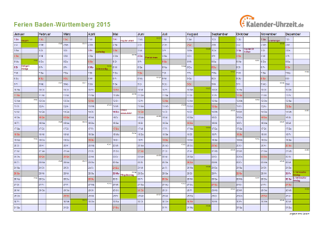 Ferien 2015 Baden-Württemberg im Kalender - A4 quer-einseitig Ferienkalender 2015 für Baden-Württemberg - A4 quer-einseitig