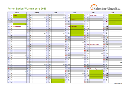 Ferienkalender 2015 für Baden-Württemberg - A4 quer-zweiseitig