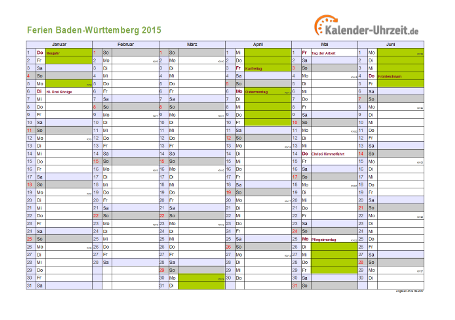Ferien 2015 Baden-Württemberg im Kalender - A4 quer-zweiseitig Ferienkalender 2015 für Baden-Württemberg - A4 quer-zweiseitig
