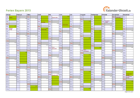 Ferien 2015 Bayern im Kalender - A4 quer-einseitig Ferienkalender 2015 für Bayern - A4 quer-einseitig