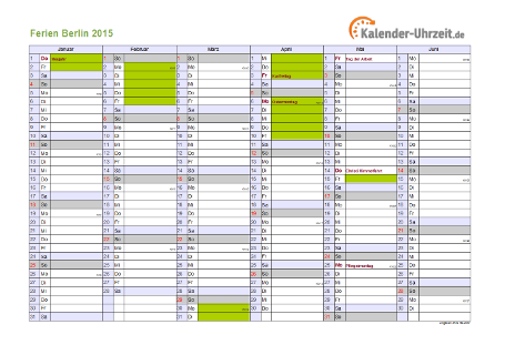 Ferienkalender 2015 für Berlin - A4 quer-zweiseitig