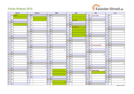 Ferienkalender 2015 für Bremen - A4 quer-zweiseitig