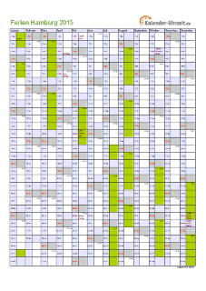 Ferienkalender 2015 für Hamburg - A4 hoch-einseitig