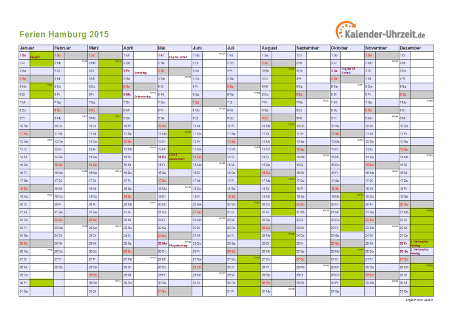 Ferien 2015 Hamburg im Kalender - A4 quer-einseitig Ferienkalender 2015 für Hamburg - A4 quer-einseitig