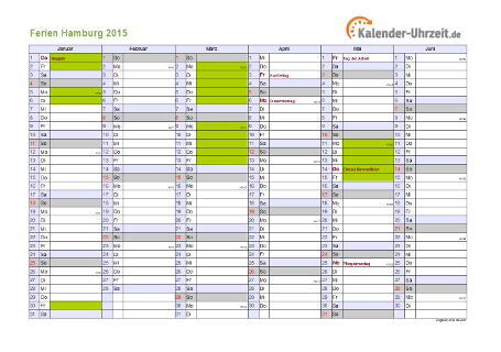 Ferienkalender 2015 für Hamburg - A4 quer-zweiseitig