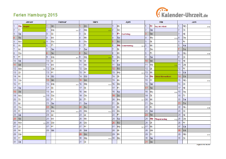 Ferien 2015 Hamburg im Kalender - A4 quer-zweiseitig Ferienkalender 2015 für Hamburg - A4 quer-zweiseitig