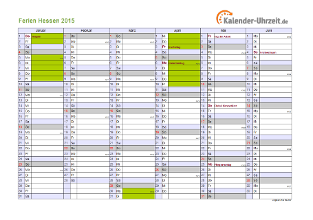 Ferienkalender 2015 für Hessen - A4 quer-zweiseitig