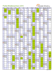 Ferienkalender 2015 für Niedersachsen - A4 hoch-einseitig
