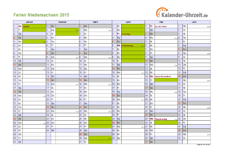 Ferienkalender 2015 für Niedersachsen - A4 quer-zweiseitig