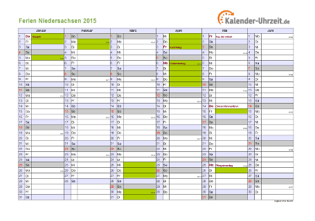 Ferien 2015 Niedersachsen im Kalender - A4 quer-zweiseitig Ferienkalender 2015 für Niedersachsen - A4 quer-zweiseitig