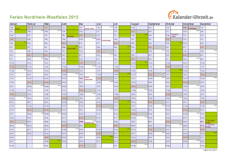 Ferienkalender 2015 für Nordrhein-Westfalen - A4 quer-einseitig