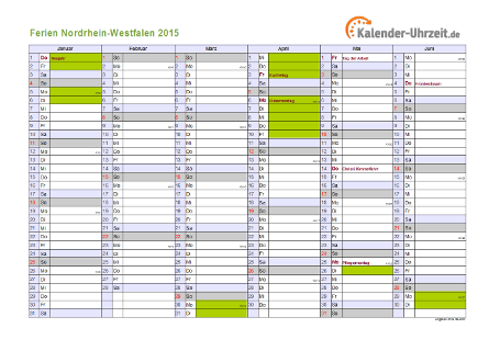 Ferienkalender 2015 für Nordrhein-Westfalen - A4 quer-zweiseitig