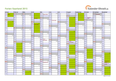 Ferienkalender 2015 für Saarland - A4 quer-einseitig