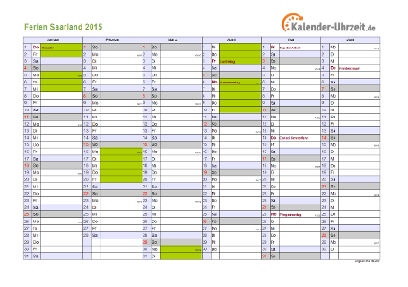 Ferienkalender 2015 für Saarland - A4 quer-zweiseitig