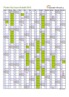 Ferien 2015 Sachsen-Anhalt im Kalender - A4 hoch-einseitig Ferienkalender 2015 für Sachsen-Anhalt - A4 hoch-einseitig