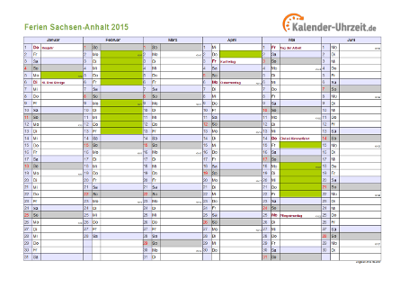 Ferien 2015 Sachsen-Anhalt im Kalender - A4 quer-zweiseitig Ferienkalender 2015 für Sachsen-Anhalt - A4 quer-zweiseitig