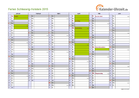 Ferienkalender 2015 für Schleswig-Holstein - A4 quer-zweiseitig