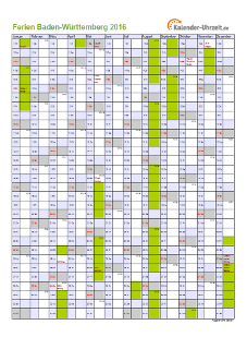 Ferienkalender 2016 für Baden-Württemberg - A4 hoch-einseitig