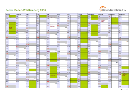 Ferienkalender 2016 für Baden-Württemberg - A4 quer-einseitig